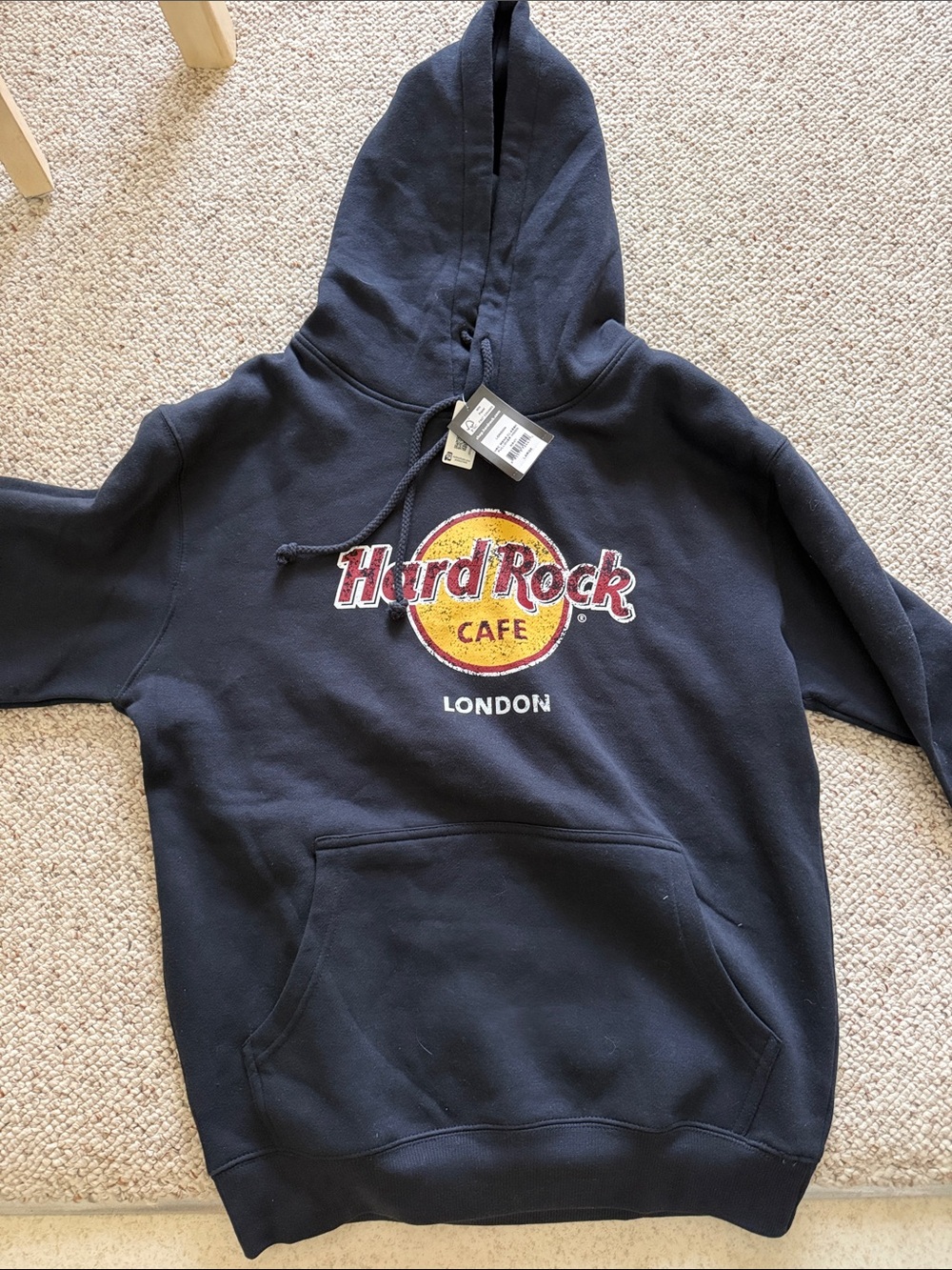 Hard Rock Cafe London Navy Hoodie with Yellow and Red Logo
